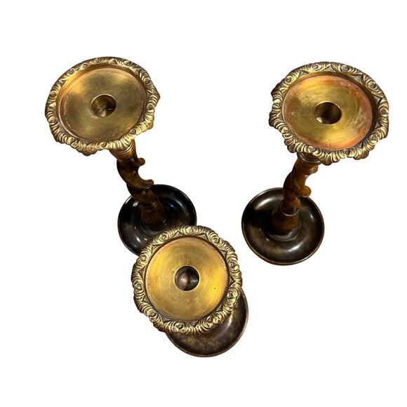 Set of 3 Vintage Maitland Smith Bronze & Brass Barley Twist Candle Holders Decor - Picture 2 of 5